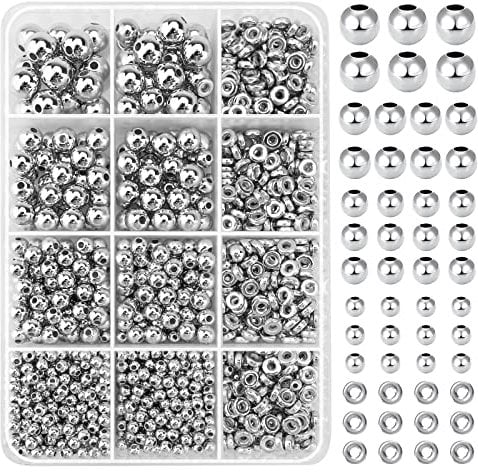 1250 Pcs Beads for Jewelry Making, Smooth Flat and Round Spacer Bead with Storage Box, Different Sizes Flat Round Beads for Bracelet, Necklace, Earring, Anklets, DIY Jewellery, Crafts Making (Silver)