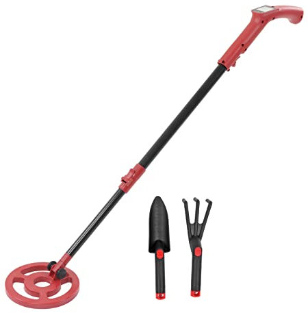 Metalldetektor, Verstellbarer Stiel-Metalldetektor für Erwachsene, 3KHz 270mW Hochpräzisions-Profi-Golddetektor mit wasserdichter Spule, für Münzschätze am Strand (Roter Detektor Rechen Schaufel)