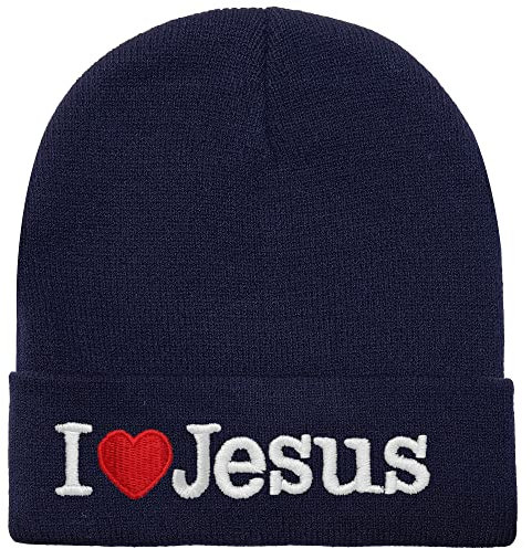 I Love Jesus Beanie Mütze Skimütze alle Jahreszeiten bestickt einfarbig, Marineblau, Einheitsgröße