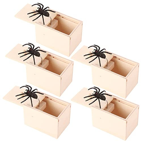 BYNYXI 5 Stück Spider Prank Box, Holz Spinne Scare Box Scherzartikel Prank Streich Spielen Scary Spider für Kinder Erwachsene Spinne Angst Box Lustige Spielzeugkiste Trick Streich Spielzeug Geschenk