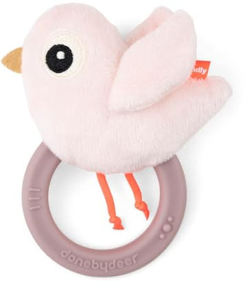 Done by Deer Baby Rassel mit Beißring – Birdee Powder – Sensorikspielzeug ab 0 Monaten – Weiche Greifrassel mit Geräuschen & Strukturen – Zahnungshilfe – BPA-frei & waschbar