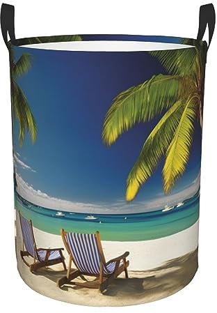 Strandkorb mit Palmenmotiv, Boote, rund, wasserdicht, Aufbewahrungskorb, Organizer, Korb, Wäschekorb mit Griffen, für Kleidung, Spielzeug, Medium