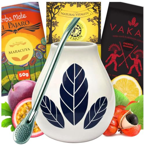 Yerba Mate Tee Starter Set ● Té mate brasileño 3 x 50 g ● Hierbas y frutas Yerba Mate Té ● Taza de cerámica Mate Hoja Blanca Taza de 350 ml ● Bombilla de pajita de acero ● Sin gluten