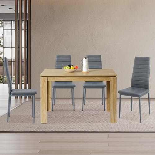 FURNITABLE Esstisch mit 4 Stühlen Esszimmergruppe, 4er Set Esszimmerstühle und Rechteckig Holztisch Essgruppe für Wohnzimmer Küche Büro (Eiche Tisch+4 Dunkelgrau Stühle)