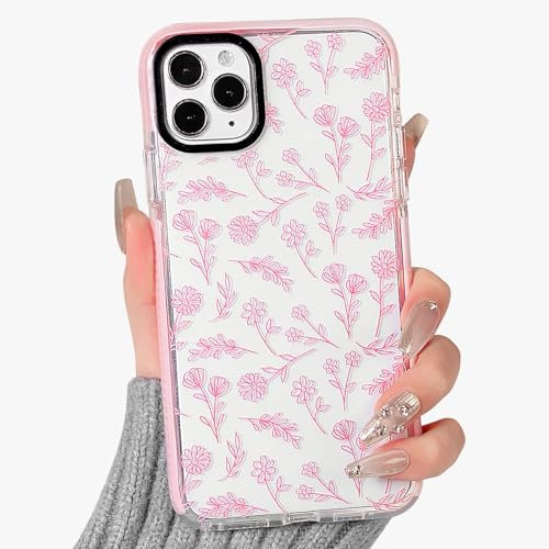 NITITOP Compatible for iPhone 11 Pro Max Case Cute Flower Floral Clear for Women Girl Ultra Slim Crystal Shockproof Soft TPU Anti-Yellow Protective Phone Cover - Clear Pink