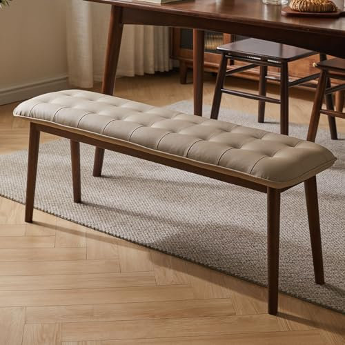 Cttasty Eingangsbank, Esszimmerbank aus Massivholz, Mid-Century Bank für das Ende des Bettes mit gepolstertem PU-Ledersitz, Schlafzimmerbank, 120 cm L x 32 cm B x 45 cm H (Beige)