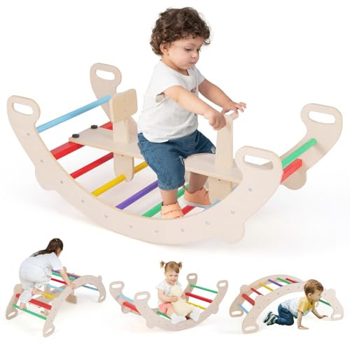 GOPLUS 4 en 1 Arche Escalade Montessori Enfants, Cheval à Bascule en Bois Tunnel Rampant, Siège et Poignée et Dossier Amovibles, pour Bébés 1-5 Ans,Charge 50KG