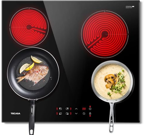 Plaque Vitrocéramique 4 Feux 59cm, TECASA Tables de Cuisson Encastrable 6000W, Sécurité Enfant, Touch Control, Timer Multi-zones, Protection Contre la Surchauffe, Noir