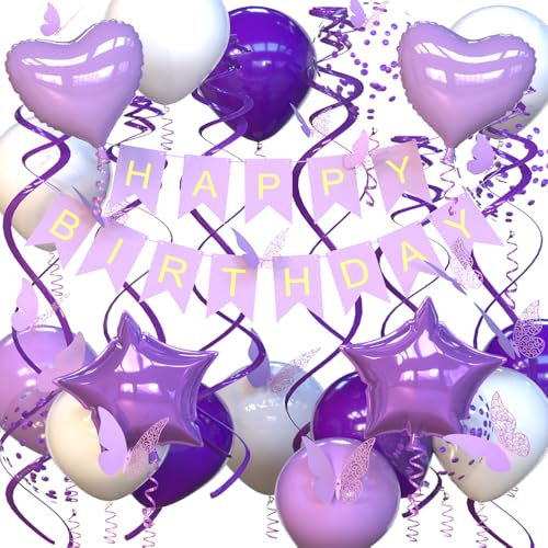 UOMYLEIR Purple Birthday Decorations, Purple Happy Birthday Banner for Girls, Lilac Banners Bunting and Star Lavender Banner Balloons Butterfly Party Decorations for Girls Women