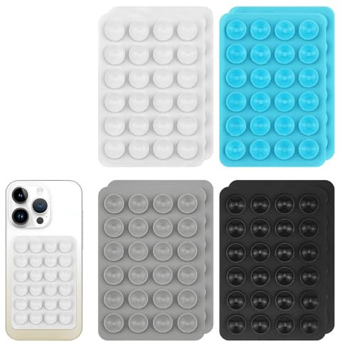8Pcs Phone Suction Pad, Silicone Suction Phone Case, Non Slip Phones Sticky Pad Grip, Strong Adhesive Multi Purpose for Car Wall Glass Tiles Shower Mirror Selfies (Black, Grey, White, Blue)