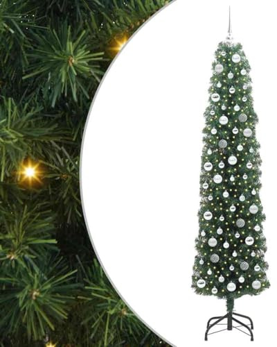 vidaXL Albero di Natale Artificiale con 300 LED Verde 210 cm, Arredamento per Soggiorno, Albero di Natale Artificiale a Forma di Cono, Slim, con Luci LED, Centro Decorativo Salvaspazio