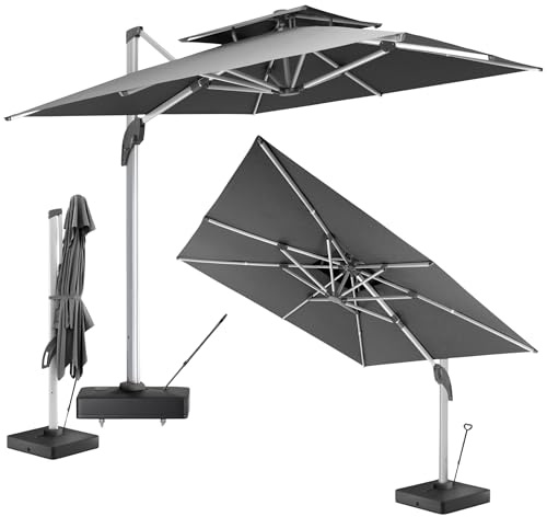 Gartenzeit® Sonnenschirmständer, befüllbar, rollbar, 162kg, Maße 84x84x21cm, Patent, schwarz, Sonnenschirmständer mit Rollen für große Ampelschirme u. Sonnenschirme (Inkl. Ampelschirm grau)