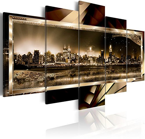 B&D XXL - Wandbilder XXL New York 225x112cm 5 tlg - Wand Deko Leinwand Bilder Groß Wanddeko Wohnzimmer Schlafzimmer Kunstdrucke - City Stadt Panorama Architektur Abstrakt braun