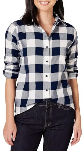 Amazon Essentials Chemise en Flanelle à Carreaux Légère, Manches Longues, Coupe Classique Femme, Bleu Marine Carreaux Lainés, XXL