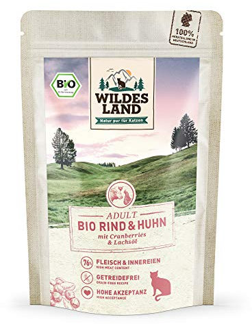 Wildes Land - Nassfutter für Katzen - Nr. 1 Rind & Huhn - Bio - 12 x 85 g - Aus kontrolliertem biologischen Anbau - Getreidefrei - Extra viel Fleisch