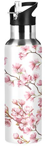 Mnsruu Bouteille d'eau de sport isotherme en acier inoxydable, motif fleurs de cerisier roses, 591 ml