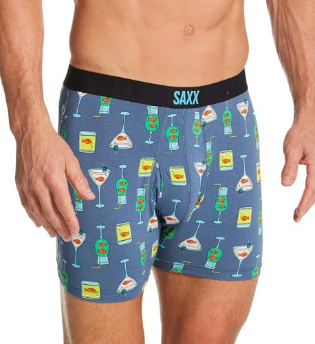 Saxx Men's Underwear - Ultra Super Soft Boxer Briefs with Fly and Built-in Pouch Support, Nautical Nightcap-Blue,Large