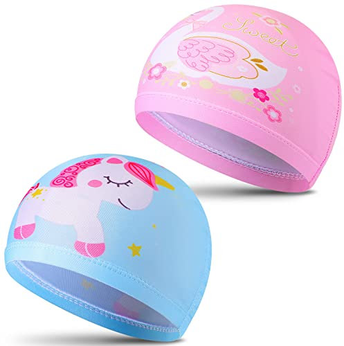 Cuffie da Nuoto per Bambini 2 Pezzi Cuffie da Piscina Cuffia da Nuoto Disegno del Cigno dell'Unicorno del Fumetto Bambini Rosa e Blu per Capelli Lunghi e Corti