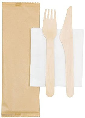 BOX And Tree 100 Sets of Disposable Bamboo Wooden Cutlery Covered in Kraft Paper. Each set contains 1 fork + 1 knife + 1 100% natural paper napkin,