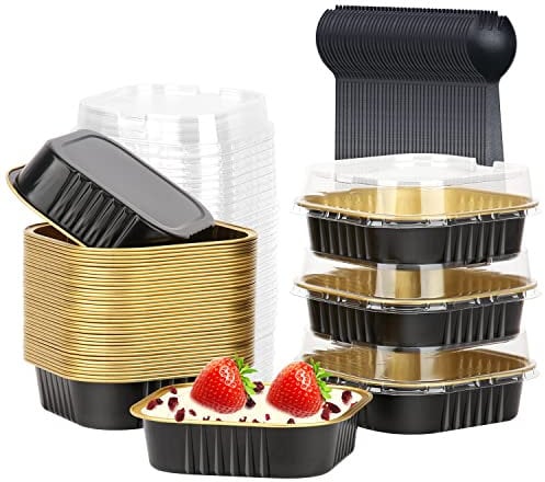 LNYZQUS 7.5oz Cupcake Mini Cake Pans With Lids 40 Pack, Aluminum Cupcake Liners Brownie Baking Pans,Square 4”x4” Disposable Ramekins Creme Brulee Cups,Jumbo Muffin Tin Holders-Black In Gold