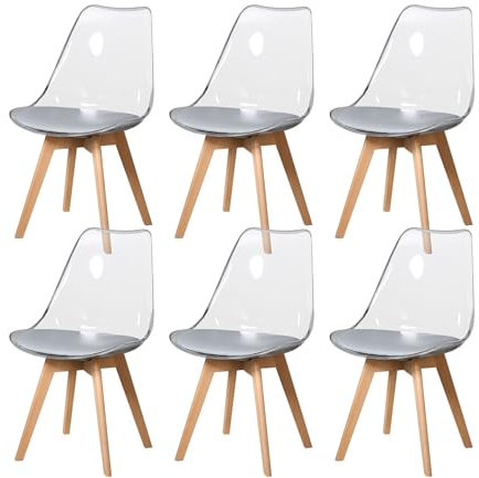 HJhomeheart Lot de 6 Chaises de Salle à Manger Transparentes Modernes, Chaises de Salle à Manger Rembourrées Amovibles, Chaises de Cuisine Design Scandinave (PU-Gris)