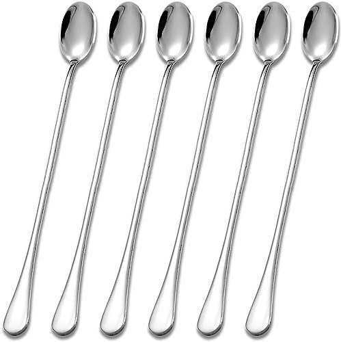 Favuit Latte Macchiato Löffel Set, 23 cm Lange Griff Eislöffel 6-teilig Edelstahl Kaffeerührer Cocktail Rührlöffel Longdrinklöffel Kaffeelöffel Set für Eistee Dessert Cocktail Eisbecher(Silber)