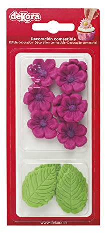 Dekora - Essbare Blumen für Torte aus Zucker - Box mit 8 pinkfarbenen Blüten und 5 grünen Blättern - Zuckerblumen Tortendeko Geburtstag Essbar