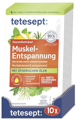 tetesept Meeressalz Muskel Entspannung Bad – 10 x 80 g – Revitalisierendes Gesundheitsbad mit ätherischen Ölen – Entspannender Badezusatz mit natürlichem Meeressalz