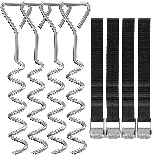 Trampoline Stakes Heavy Duty Trampoline Anchors Ground Anchors Stakes Kit High Wind Stakes Corkscrew Shape Steel Spiral Stakes Anchor Kit with Strong Belt Straps -Set of 4 Bonus 4 Strong Belt (Silver)