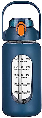 Louttary Botellas de agua de vidrio de 64 onzas con pajita, botella de cristal con funda de silicona y marcador de tiempo, para gimnasio, oficina en casa, azul marino