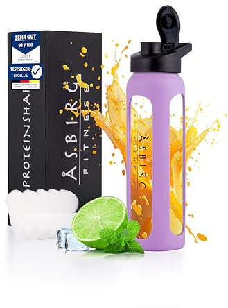 Asbirg Fitness | Protein Shaker aus Glas | Eiweiss Shaker | Trinkflasche | mit Spiralball | Pastellila