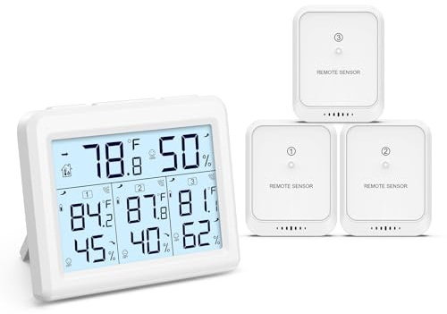 LOFICOPER Thermometer Hygrometer für den Innen- und Außenbereich, mit 3 Sensoren, digitales Feuchtigkeitstemperaturmessgerät, Monitor mit Hintergrundbeleuchtung, ℉/℃, Komfort-Symbol, Pfeiltrends,