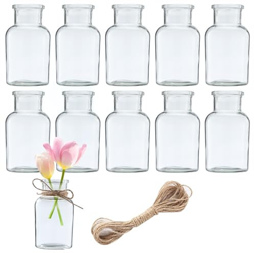 12PCS Jarrones Pequeños de Cristal,125 ml Mini Jarrones de Crista,Contiene Cuerda de Yute,Jarrones Cristal para Decoración,diseño Retro,Adecuado para decoración de Bodas, cumpleaños para Fiestas
