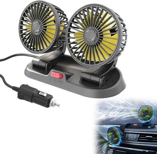 Inscrip Ventilator Auto Ventilator, Doppelkopf 12V Auto Ventilator, Tragbare 360 °Drehbarer Auto Fan, Auto Ventilator für Rücksitz, Auto-Kühlluftventilator mit 2 Geschwindigkeiten,für LKW Van SUV RV