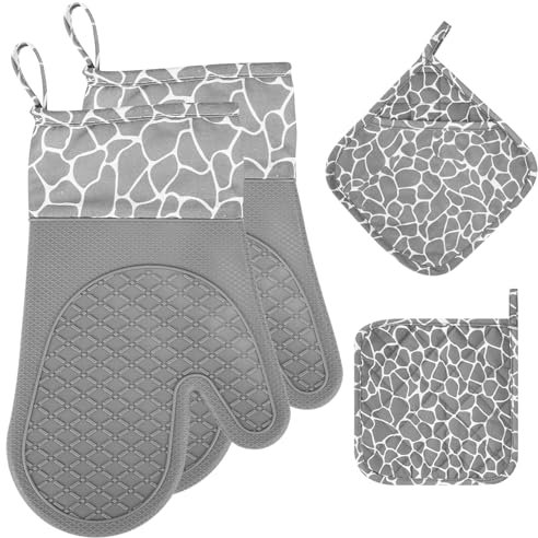 Material de Silicona y algodón Resistente al Calor,Guantes para cocinar Silicona,Manoplas para cocinar,Asar y Hornear (Grey 4pcs)