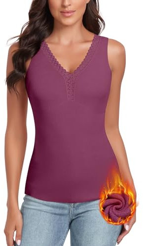 WOWENY Maglietta Termica da Donna, a Maniche Lunghe, Invernale, con Scollo a V, in Pizzo, Elegante, Lilla, L