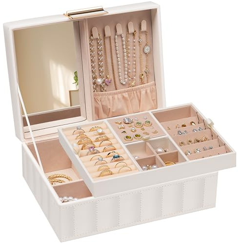 HOOBRO Schmuckkästchen, Schmuckkasten mit 2 Ebenen, Schmuckaufbewahrung, Schmuckbox, mit herausnehmbarem Tablett, PU-Kunstleder mit Nähten, für Ohrringe, Halsketten, Armbänder, Ringe, Weiß EWT15JB04G1