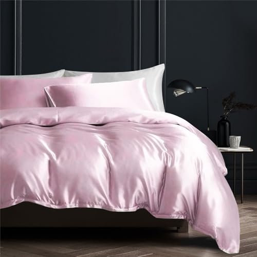 Gezu Housse de Couette Satin 140x200cm Rose Unie Parure de Lit Soie Lisse Soyeux Brillant Doux Sets de Housse de Couette 1 Personne Linge de Lit avec 1 Taie d'oreiller 65x65cm avec Fermeture Éclair