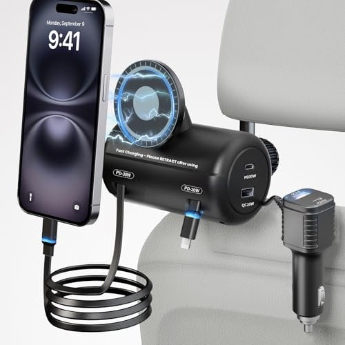 OHLPRO Einziehbares Auto Ladegerät Rücksitz, 6 in 1 Kopfstütze Autoladegerät Adapter KFZ Ladegerät USB C Schnellladegerät, Car Charger Kompatibel mit iPhone 16/15/14/13/12/Pro Max, Samsung, Google