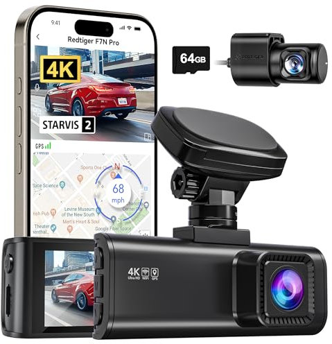 REDTIGER 4K Dash Cam Front and Rear, STARVIS 2 Sensor, 64GB Card Included, 4K/2.5K+1080P Dual Dash Camera for Cars Built-in WiFi GPS, 3.18 Inch IPS Screen, 170° Wide Angle, Parking Monitor (F7N Pro)