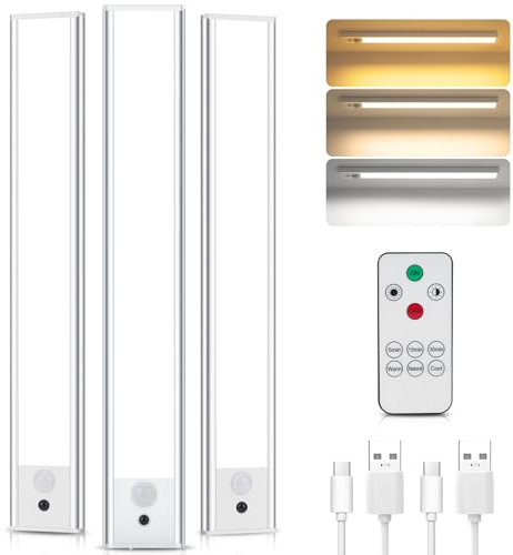 TOPPLEE Under Cabinet Kitchen Lights with Remote Control, Motion Sensor Lights Indoor Rechargeable Light 3 Color Temperature Wireless Lights 2500mAH Battery Lights for Kitchen (3 Pack 31CM)