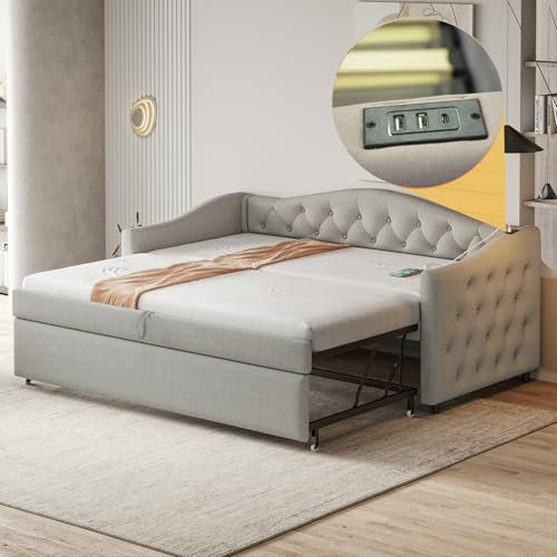 DRIXNO Polsterbett Ausziehbares Schlafsofa, 90 * 200 cm, Mit USB-Anschluss, Klassische Form mit Knöpfen mit Lattenrost, Multifunktionsbett - Gästebett, Leinenstoff, Grau (Matratze Nicht enthalten)
