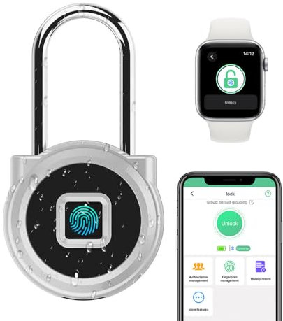Langes Vorhängeschloss eLinkSmart Langer Bügel 45mm mit Fingerabdruck Telefon App Wetterfest Zahlenschloss kein Schlüssel Schloss für Schrank Schließfach Aussenbereich Zelt Keller Outdoor Silber