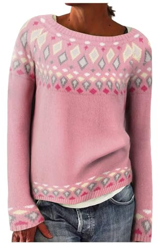 Pull Norvégien Femme laine, Pull Jacquard irlandais, Pullover Tricot large Femme Pull moche de noel femme Pull Col Roulé à Manches Longues Femme Hiver, Noel Sweat Polaire Hiver Chaud (Rose, M)