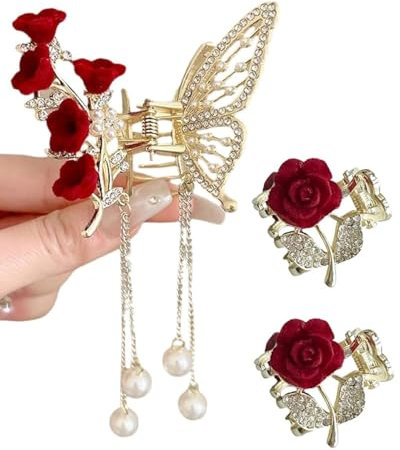 TPZORJX 3pcs fermagli per capelli a forma di farfalla, con nappa, in metallo, piccoli fiori, per donne e ragazze
