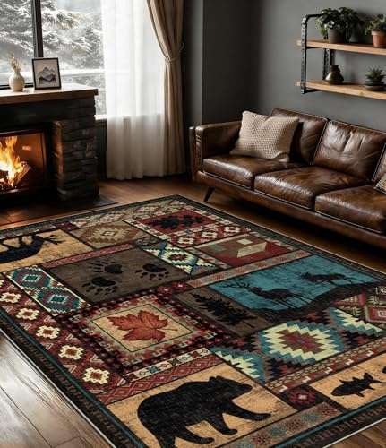 YIHOUSE Washable Rustic Cabin Area Rugs 5x7 Brown