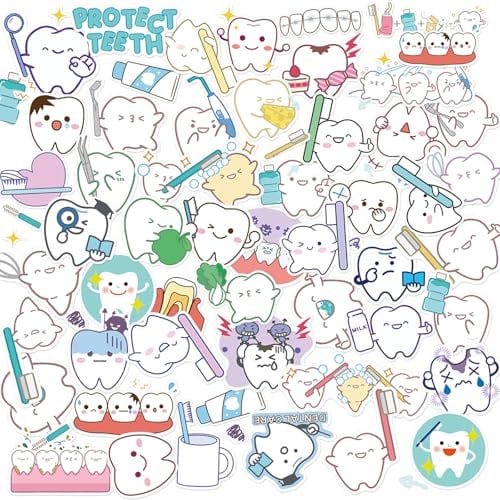 50 Stück Zahn-Cartoon-Aufkleber für Kinder, Zahnarzt-Themen Belohnungssticker aus PVC, selbstklebende Labels für Zahnarztpraxen, Patientengeschenke, Trinkflaschen, DIY Basteln, Scrapbooking