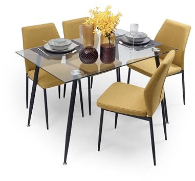 Homely - Conjunto de Comedor Cairo Bay 120 | Mesa de Cristal 120x79,5 cm y 4 Sillas Tapizadas Mostaza | Patas de Metal Color Negro | Diseño Nórdico de Comedor, Salón, Cocina, Sala