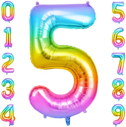 OFFCUP Geburtstag Zahlen Luftballon Mehrfarbig, Geburtstagsdeko Ballons 5 | Riesige Folienballon in 40 Helium Ballons für Männer Frauen Geburtstagsparty Deko, Jubiläum 5 Jahre Deko