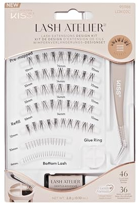 KISS Lash Atelier Professionelles Wimpernverlängerungs-Set, ‚Anime‘, künstliche einzelne Wimpern, 46 Wimperncluster & 36 Einzelwimpern, halten bis zu 7 Tage, Wimpernkleber-Ring, Applikator